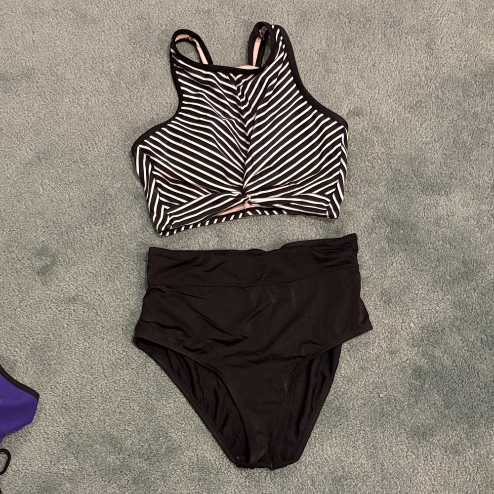 Kona Sol Black and White Striped Bikini